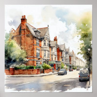 London Suburbs Watercolor Painting Square 