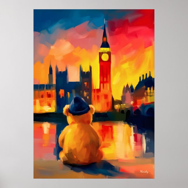 London Teddy Beanie Sunset Thames Reflection Poster (Front)