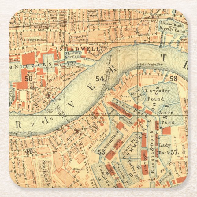 London Thames Vintage Map Square Paper Coaster (Front)