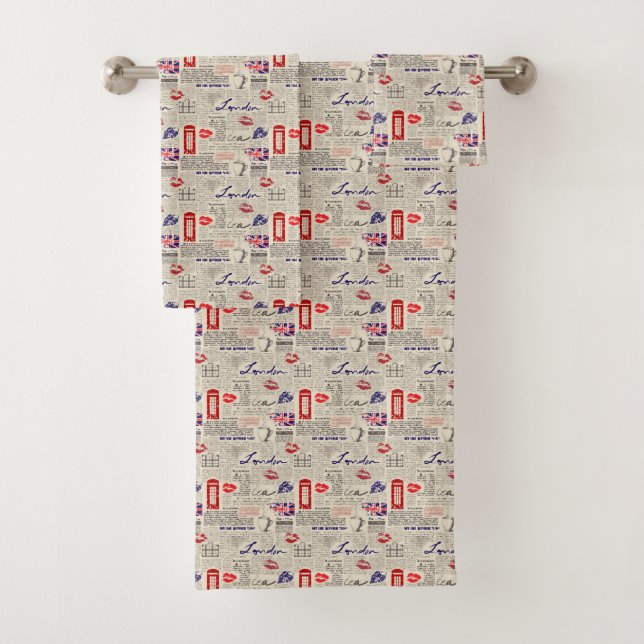London Themed Seamless Pattern with Phone Booths Bath Towel Set (Insitu)