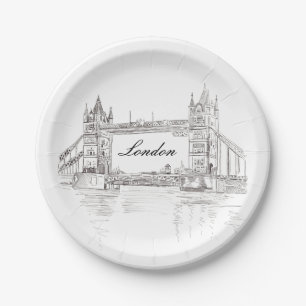 London Tower Bridge Black and White Ink Drawing Paper Plate