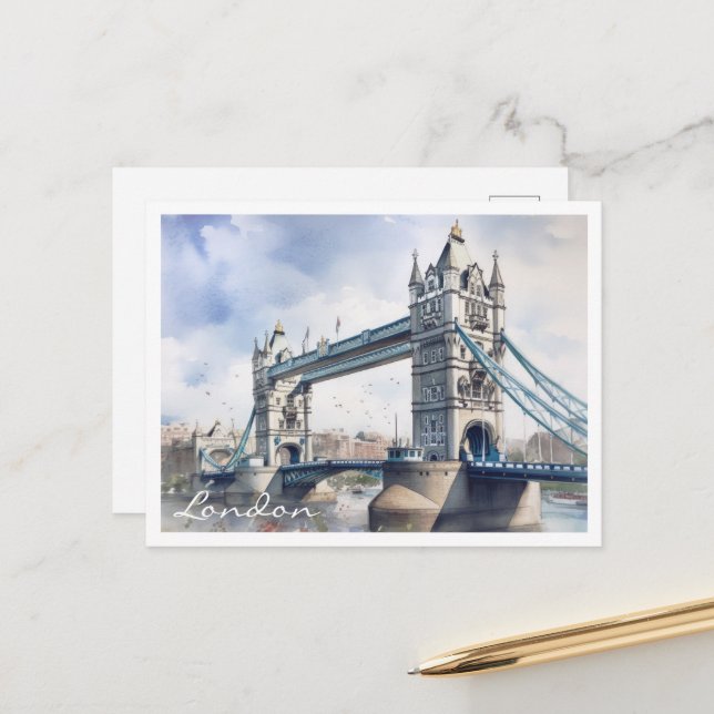  London Tower Bridge Travel Watercolor Postcard (Front/Back In Situ)