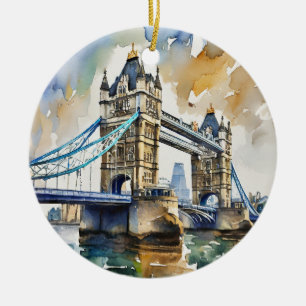 London Tower Bridge Watercolor Ceramic Tree Decoration