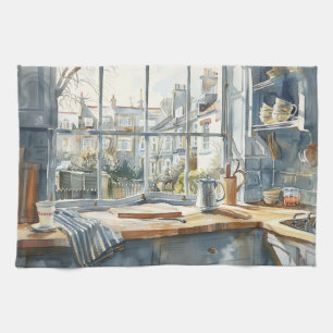 London Townhouse Kitchen Watercolor with Garden Tea Towel