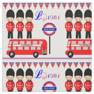 London UK Cute Royal Queens Guard Red Bus Pattern Fabric