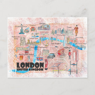 London UK Illustrated Map with Main Roads Postcard