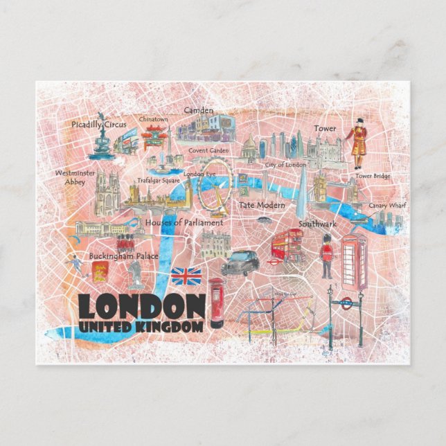 London UK Illustrated Map with Main Roads Postcard (Front)