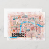 London UK Illustrated Map with Main Roads Postcard (Front/Back)
