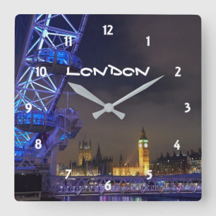 London UK Night Cityscape London Eye View Square Wall Clock