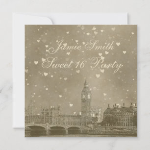 London UK Skyline Dist Grey White Heart Sweet 16 Invitation