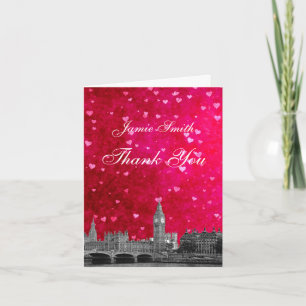 London UK Skyline Hot Pink Red Heart Thank You Card