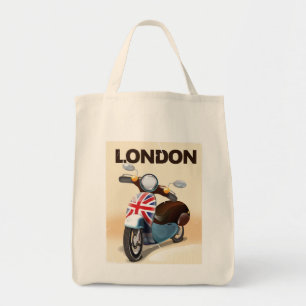 London vintage scooter union jack travel poster. tote bag