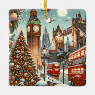 London's Festive Splendor - Vibrant Christmas Car Ceramic Ornament