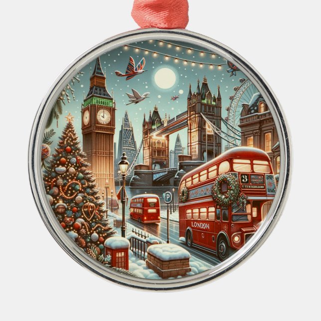 London's Festive Splendor - Vibrant Christmas Car Metal Tree Decoration (Front)