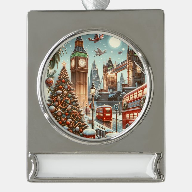 London's Festive Splendor - Vibrant Christmas Car Silver Plated Banner Ornament (Front)
