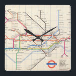 London's Underground Map Square Wall Clock<br><div class="desc">"Underground. Designed by Harold F. Hutchison". Pocket map of London underground railways by Harold F. Hutchison from 1962. Shows colour coded stations,  main subway lines,  escalator connection,  and river. 11091002.jp2</div>