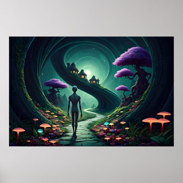 Lone Alien walks the path thru an alien garden Poster (Front)