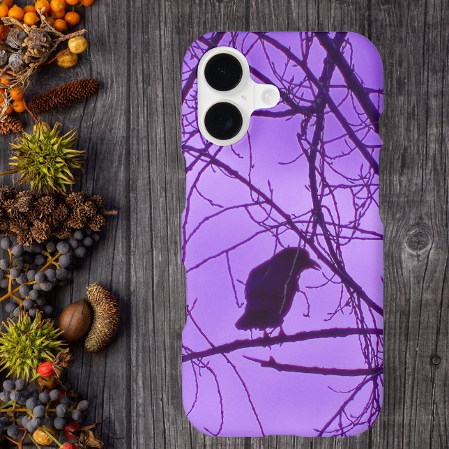 Lone Black Crow Silhouette in Black Trees Purple (silhouette black crow in barren black trees in spooky purple sky on phone case.)