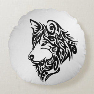 Lone Black Tribal Wolf Round Cushion