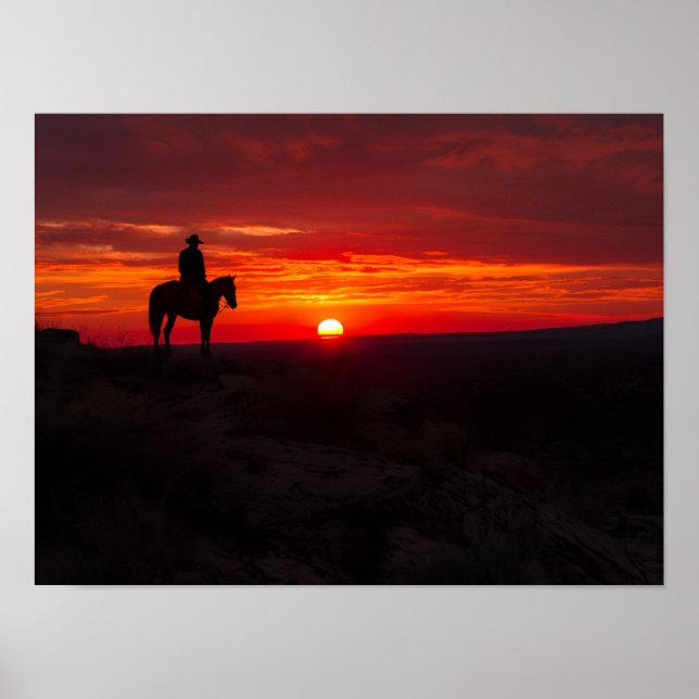 Lone Cowboy Silhouette Dramatic Red Sunset Western Poster (Front)