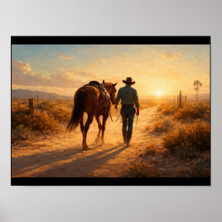 Lone cowboy walking beside horse poster