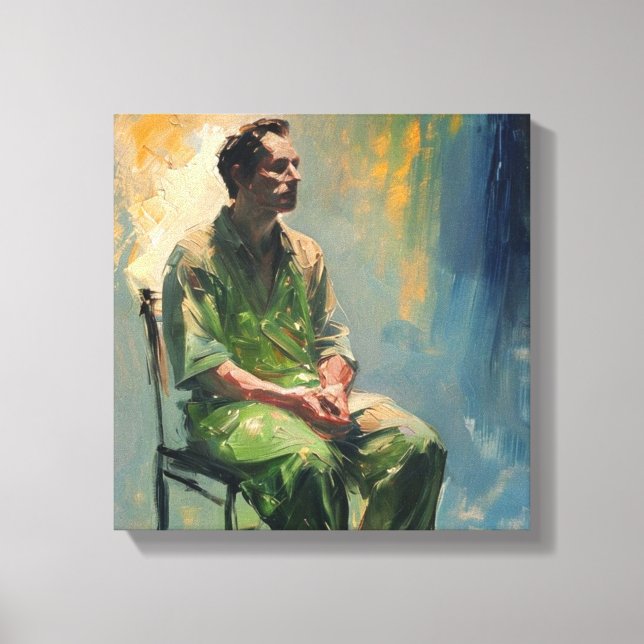 lone figure seated sparsely furnished room.... canvas print (Front)