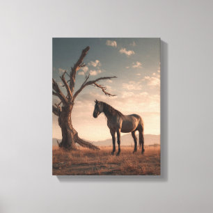 Lone Horse Desert Tree Sunset Art Canvas Print
