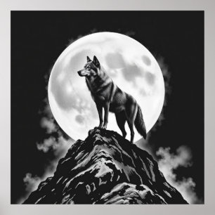 Lone Howl: Wolf and Full Moon Charcoal Art Poster