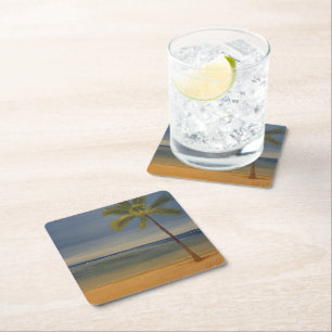 Lone Palm Tree on the Beach, by Gary Poling Square Paper Coaster