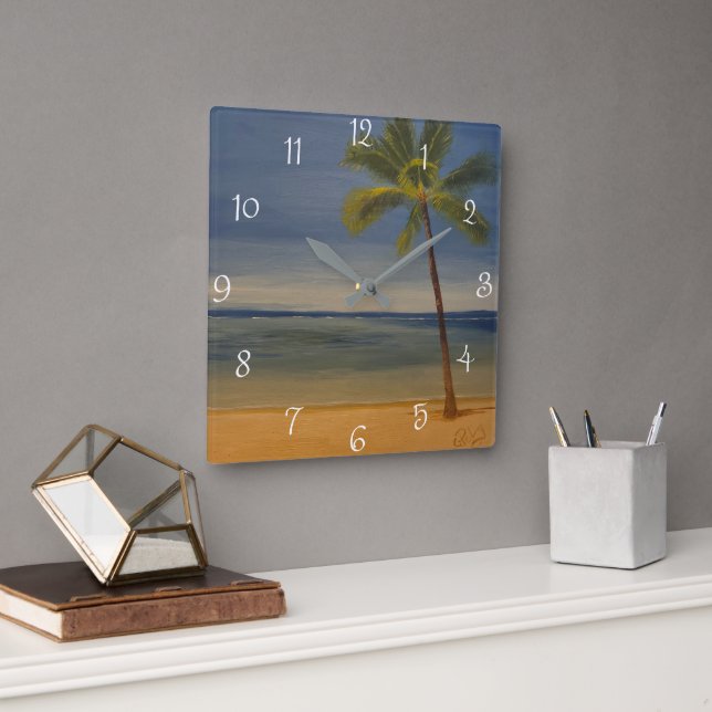 Lone Palm Tree on the Beach, by Gary Poling Square Wall Clock (Office)