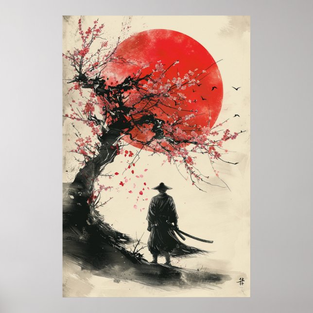 Lone Samurai – Red Sun Japanese Ink Art Poster (Front)