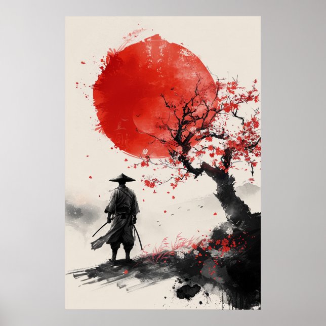 Lone Samurai – Red Sun Japanese Ink Art Poster (Front)