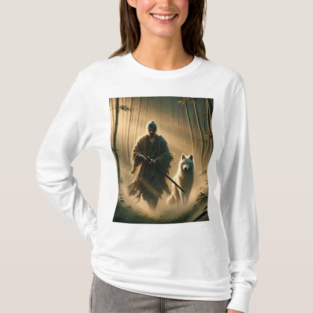 Lone Samurai & White Wolf ⚔️🐺 – Epic Fantasy T-Sh T-Shirt (Front)