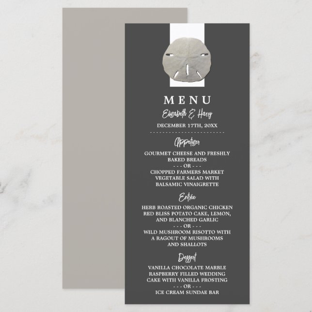 Lone Sand Dollar - Charcoal Gray - Beach Wedding Menu (Front/Back)