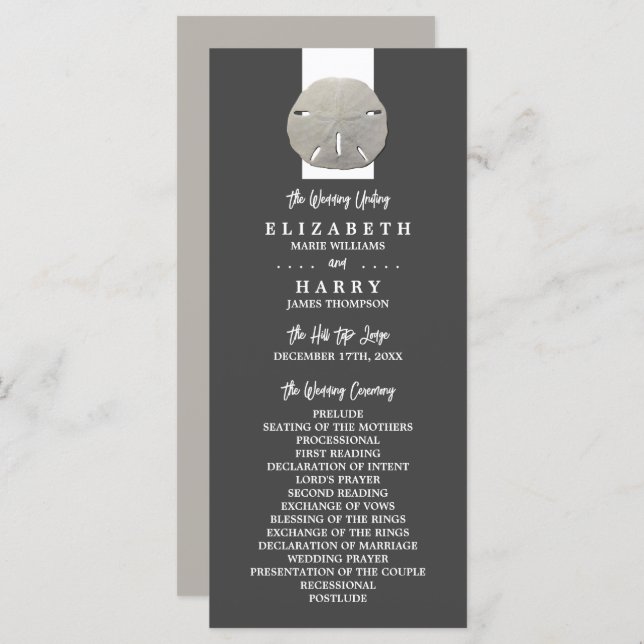 Lone Sand Dollar - Charcoal Gray - Beach Wedding Programme (Front/Back)