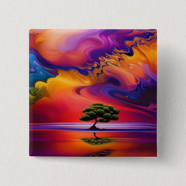 Lone Tree in Water colourful sky 15 Cm Square Badge (Front)