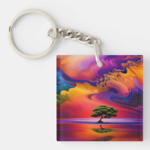 Lone Tree in Water colourful sky Key Ring