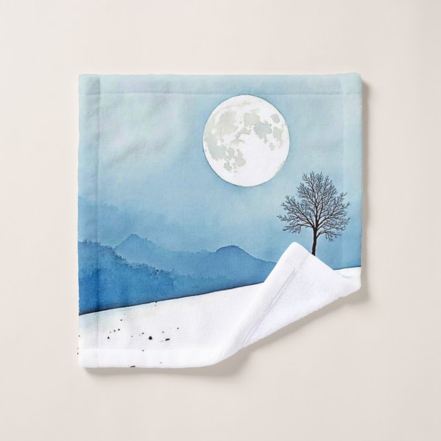 Lone Tree: Serene Full Moon Silence Art Bath Towel Set (Wash Cloth)