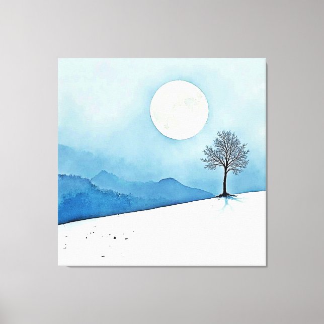 Lone Tree: Serene Full Moon Silence Art Canvas Print (Front)