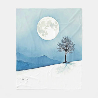 Lone Tree: Serene Full Moon Silence Art Fleece Blanket