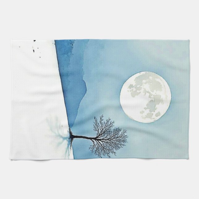 Lone Tree: Serene Full Moon Silence Art Tea Towel (Horizontal)
