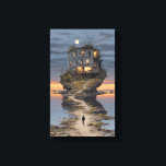 Lone Walker Surreal Floating Ruin Moon Canvas Print<br><div class="desc">A solitary figure in a dark suit strides along a narrow path of cracked earth toward a decaying multi-story building that impossibly crowns a jagged floating island. Warm golden light spills from broken windows and an occupied balcony, while wildflowers, overgrown weeds, and bare twisted trees cling to the rocky edges....</div>