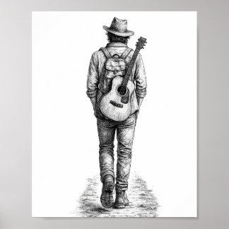 Lone Wanderer with Guitar Pencil Sketch Wall Art P