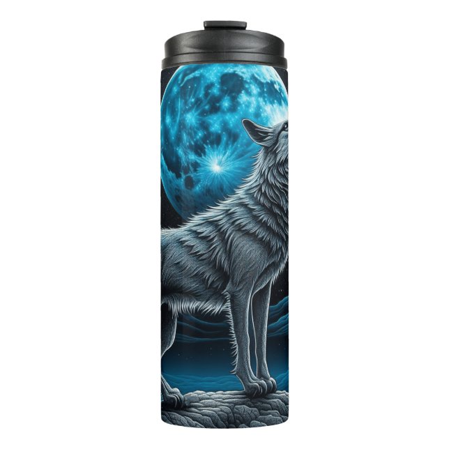 Lone Wolf and Full Moon Black and Blue Thermal Tumbler (Front)