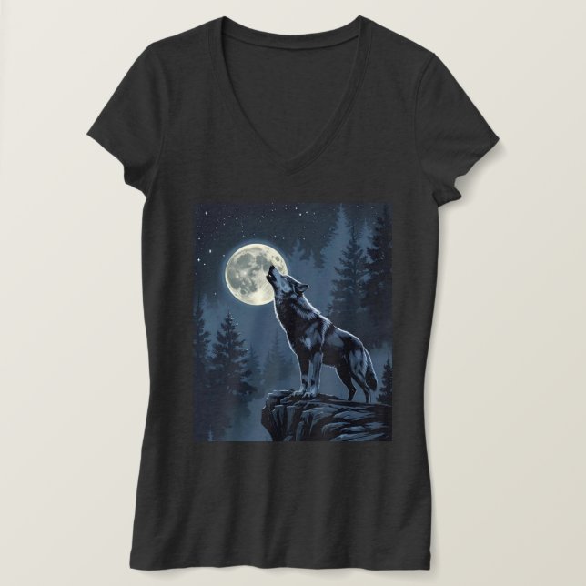 Lone Wolf Howling at the Moon Night Forest Art T-Shirt (Design Front)