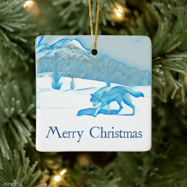Lone Wolf In WInter - Christmas Ceramic Ornament (Tree)