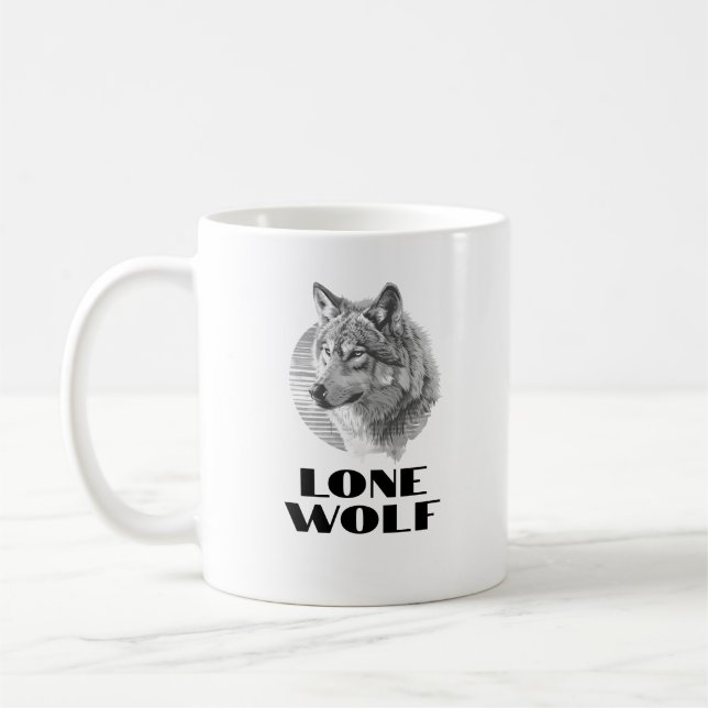 "Lone Wolf" or Your Message, Grey Wolf, Black Text Coffee Mug (Left)