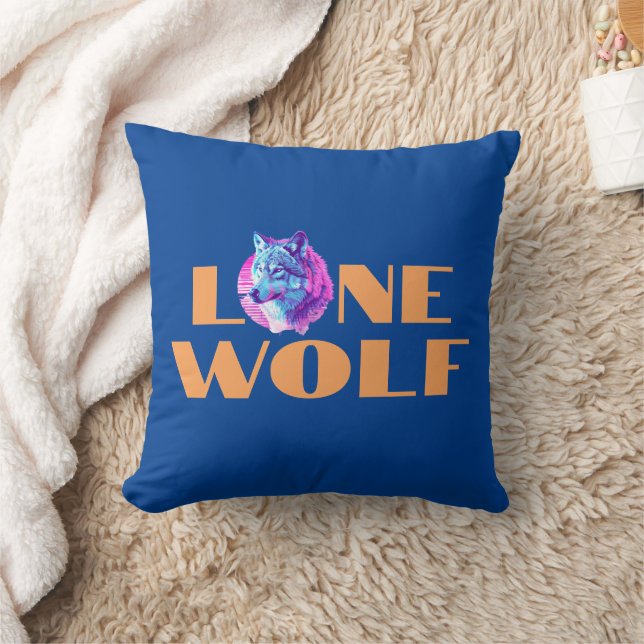 "Lone Wolf" or Your Message, Orange Text, Blue Cushion (Blanket)