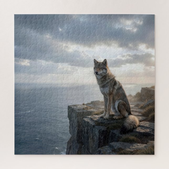 Lone Wolf Sits on a Rocky Ocean Cliff Jigsaw Puzzle (Vertical)