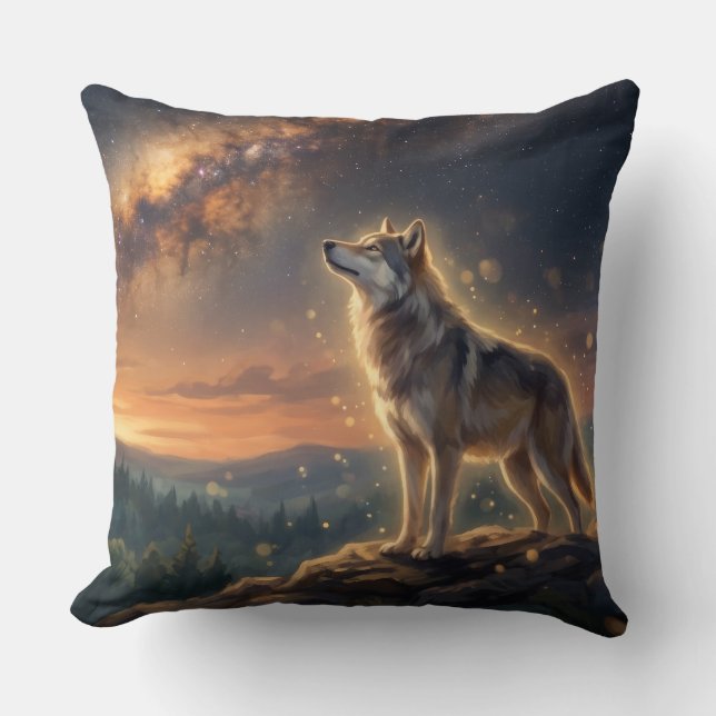 Lone Wolf Under The Starry Milky Way Sky Cushion (Front)